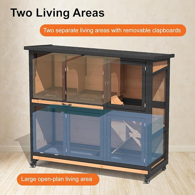 47.3" Two Story Rabbit Cage Bunny Cage Indoor, Wooden Rabbit Hutch Hamster Cages for Small Animals, Outdoor Guinea Pig Cages with Wheels & 2 Removable Trays & Bottom Wire Mesh-PawvioPets