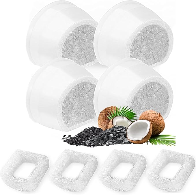 8 Pack Cat Water Fountain Filters Replacement, 4 Carbon Filters and 4 Foam Sponge Pre-Filter Fit for Multiple Ceramic and Stainless Steel Pet Fountains-PawvioPets