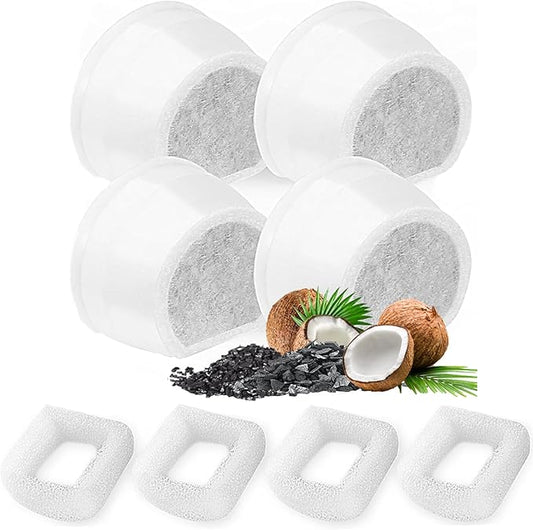 8 Pack Cat Water Fountain Filters Replacement, 4 Carbon Filters and 4 Foam Sponge Pre-Filter Fit for Multiple Ceramic and Stainless Steel Pet Fountains-PawvioPets