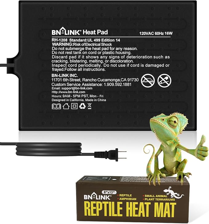 BN-LINK Reptile Heat Pad 8"X12" 16W for 30-40gal Under Tank Terrarium Heating Mat Waterproof for Turtle, Lizard, Frogs, Snake, Hermit Crab-PawvioPets
