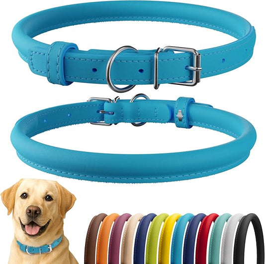 CollarDirect Rolled Leather Dog Collar, Soft Padded Round Puppy Collar, Handmade Genuine Leather Collar Dog Small Large Cat Collars 13 Colors (15-19 Inch, Light Blue)-PawvioPets