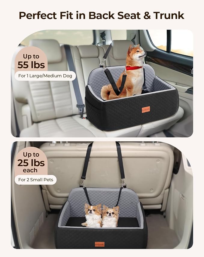 Dog Car Seat for Large Medium Dogs, Pet Car Seat Under 55 lbs or 2 Puppies, Removable Washable Pets Travel Booster Bed for Automotive Backseat with Comfy Thick Cushion, 2 Safety Leashes(Black/Gray)-PawvioPets