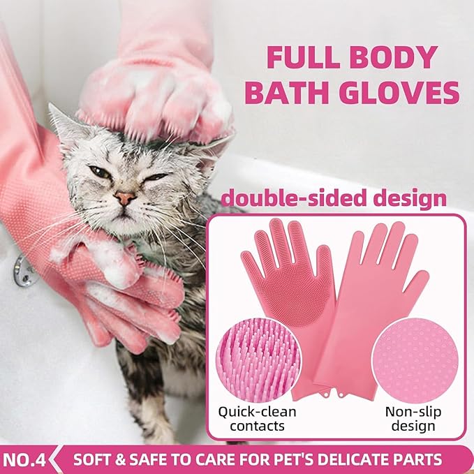 Bath Grooming Kit for Pets - Hair Brush Set with Towel, Washing Gloves, and Shampoo Scrubber Brush for Dogs and Cats (Pink)-PawvioPets