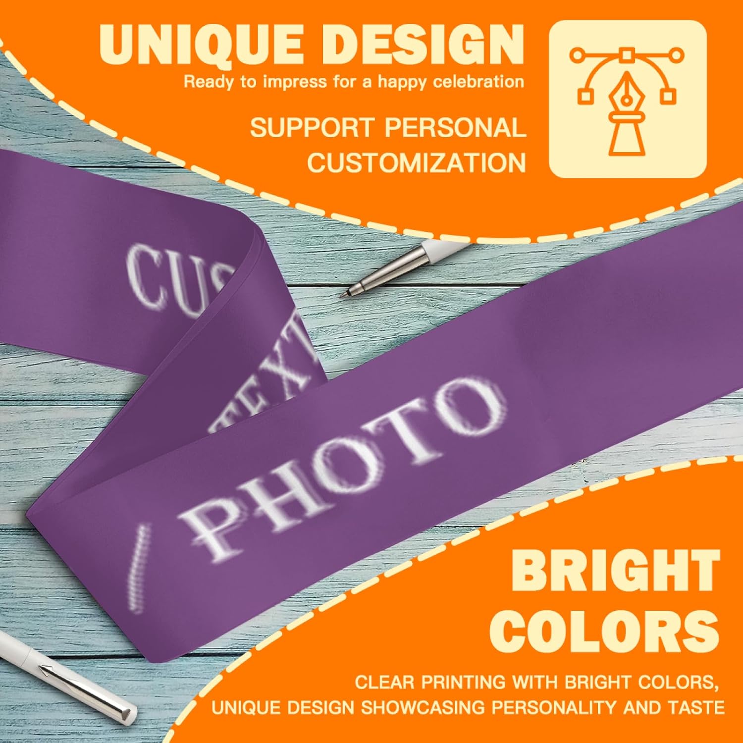 Custom Sash,Personalized Birthday Sash with Text Photo,Customized Bachelorette Sash Quote Sash Bride to Be Sash Color Optional (No decorative edge, Purple)