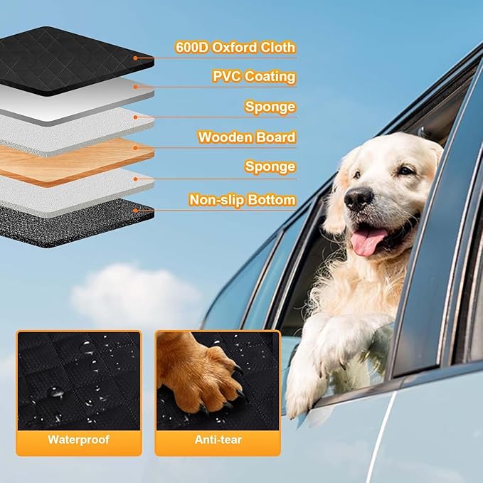 Dog Car Seat Cover for Back Seat, Hard Bottom Back Seat Extender for Dogs, Holds 420lbs, Waterproof Pet Hammock Protector, Thick and Durable Dog Seat Cover for Truck, Car, SUV-Black-PawvioPets