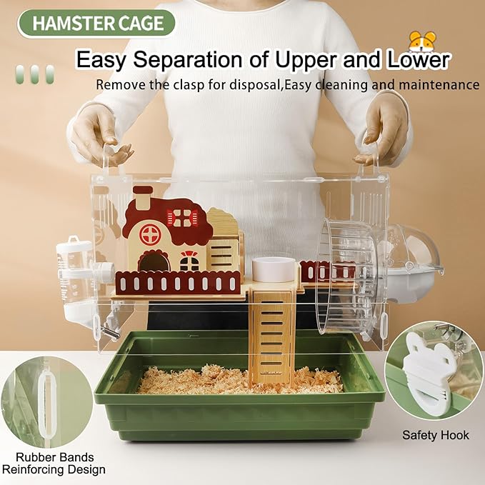 8 in 1 Clear Acrylic Hamster Cage with All Accessories,13.5''L* 10''W* 13''H Dwarf Hamster Cage,Small Hamster Habitat,Garden Style Mouse Cage for Pet Mice,Hamster Enclosure with Stairs(1-Layer)-PawvioPets