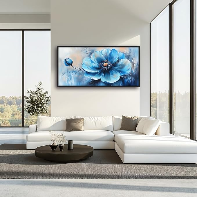 Extra Large Abstract Blue Flower Framed Wall Art for Living Room,Oversized Elegant Floral Pictures Wall Decor,Canvas Print Painting Modern Artwork Bedroom Office Bathroom 60L" x 30W"-PawvioPets
