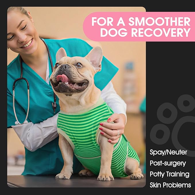 FUAMEY Dog Recovery Suit Male,Dogs Surgery Neuter Suits Puppy Spay Shirts for Female Protect Dog's Skin Anti Licking Abdominal Wounds Doggie Onesie Pet Bodysuit Alternative to Cone Green Stripes XS-PawvioPets