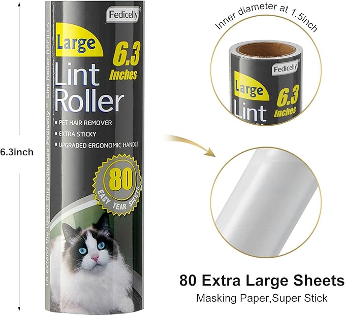 Fedicelly Lint Rollers Pet Hair Extra Sticky Floor with Long Handle,Large Cat Dog Hair Remover Laundry Clothes Carpet Furniture,6.3 inches Wider with 320 Sheets Giant Lint Remover Brush for Couch-PawvioPets