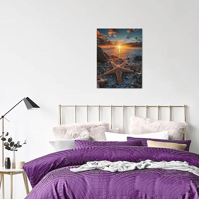 Beach Starfish Wall Decor Ocean Starfish Wall Art Sunset Scenery Coastal Theme Pictures Canvas Nature Seascape Painting Print Framed Artwork Decorations for Home Bathroom Living Room Bedroom Office 12"x16"-PawvioPets