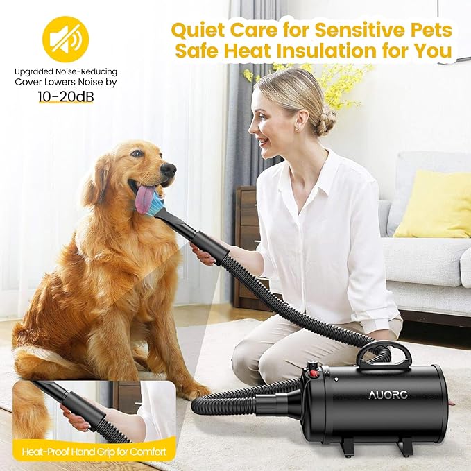 Dog Dryer, 5.2HP/3800W High Velocity Dog Hair Dryer with 4 Nozzles, Stepless Adjustable Speed & Temperature Control, Low Noise Professional Dog Grooming Dryer (Black)-PawvioPets