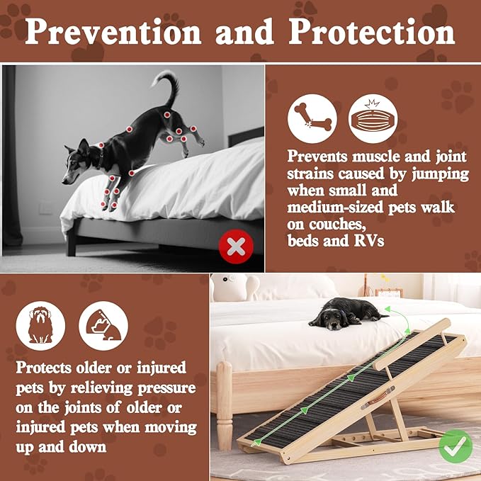 Dog Ramp for Bed, Couch, Car, Folding Pet Ramps 44.48" Long Adjustable 15"-22" Wooden Stairs with High Traction Mat & Safety Side Rails for Small & Medium Old Dogs & Cats, up to 200 lbs-PawvioPets