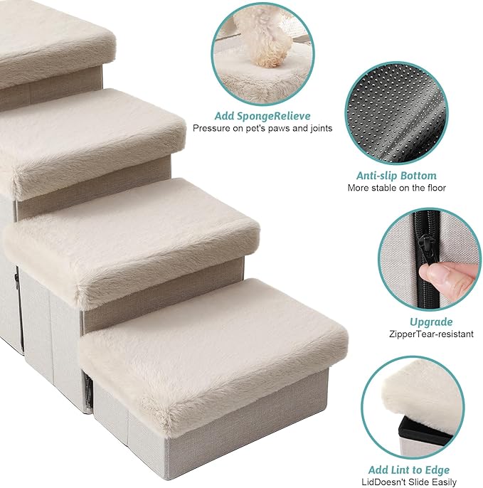 Dog Stairs for Small Dogs with Storage and Condo, 17.5" H Foldable Pet Stairs for Small Medium or Puppy Dogs and Older Cats, Dog Steps for Bed or Couch, 13x35x17.5 inch, 4 Tiers, Beige-PawvioPets
