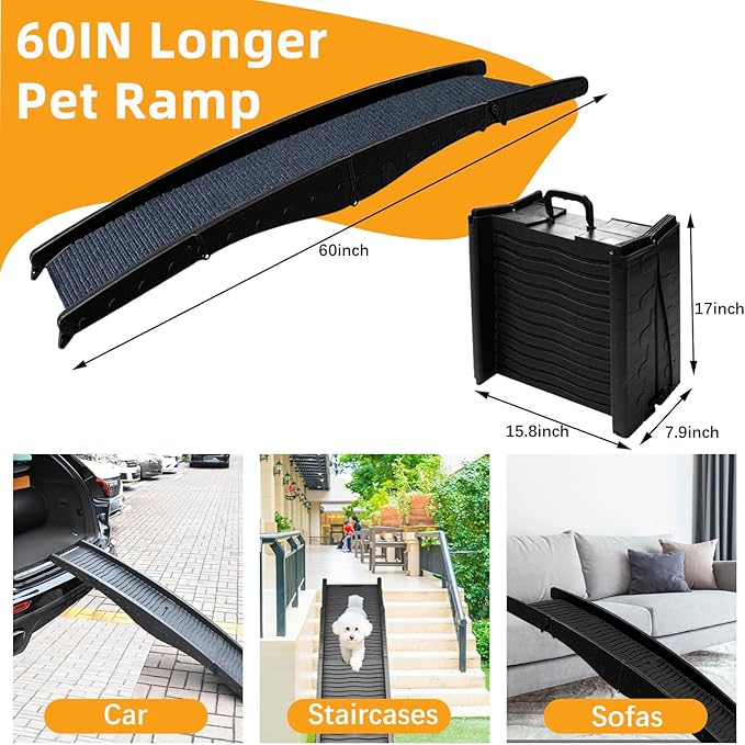 Dog Ramp for Car, Pet Ramp with Removable Non-Slip Pads for Large Small Medium Dog Cat, 60''x16'' Folding Pet Ramp to Get on Truck SUV Van Up to 150LBS, Car Ramp for Pets Outdoor Indoor-PawvioPets