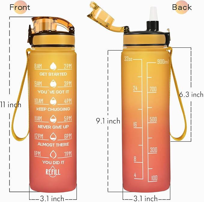 Enerbone Water Bottle, Leakproof BPA & Toxic Free, Motivational Water Bottle with Times to Drink and Straw, Fitness Sports Water Bottle with Strap for Office, Gym, Outdoor Sports-PawvioPets
