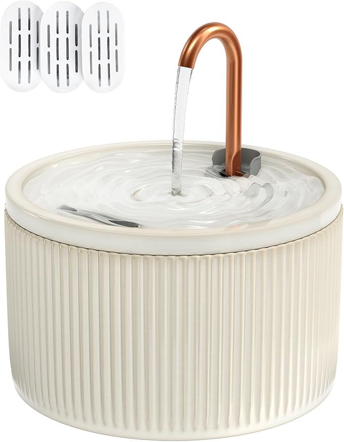 DOOOB Ceramic Cat Water Fountain, 2.1L/71oz Ceramic Cat Fountains, Automatic Pet Water Fountain for Cats, Pet Water Fountain with Ultra-Quiet Pump and 3 Filters & 3 Sponges (Beige)-PawvioPets