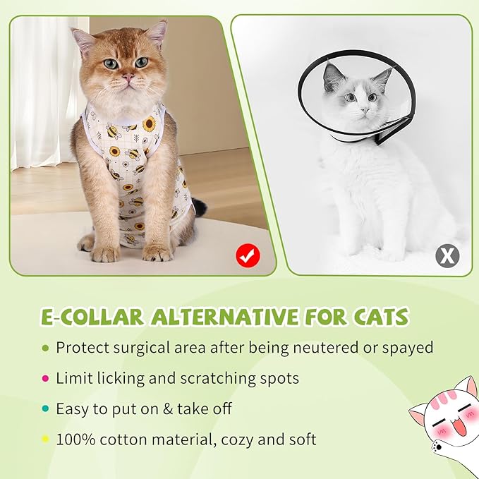 2 Packs Cat Surgery Recovery Suit Surgical Clothes Abdominal Wounds Anti-Licking Cat Bodysuit Onesie Substitute E-Collar& Cone-PawvioPets