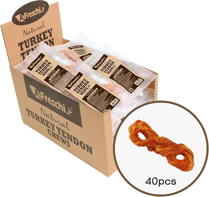 Afreschi Natural Turkey Tendon Rope (S) 40 Units/Box, Dog Treats for Signature Series, All Natural Human Grade Puppy Chew, USA-Sourced Turkey Tendon, Hypoallergenic, Rawhide Alternative-PawvioPets