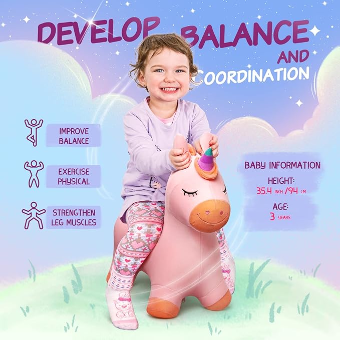 EVERICH TOY Bouncy Horse Unicorn Toys, Inflatable Bouncing Animal Hopping Toys, Outdoor Indoor Ride on Bouncer, Boys Girls Birthday Gift for 18 Month 2 3 4 5 6 Year Old Kid- Plush Unicorn Toy-PawvioPets