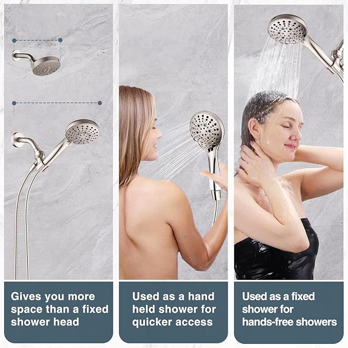 BRIGHT SHOWERS High Pressure Shower Head with Handheld, 9 Spray Settings Showerhead Built in Power Wash to Clean Tub and Pets, Extra Long 69" Hose, Adjustable Bracket, Brushed Nickel-PawvioPets