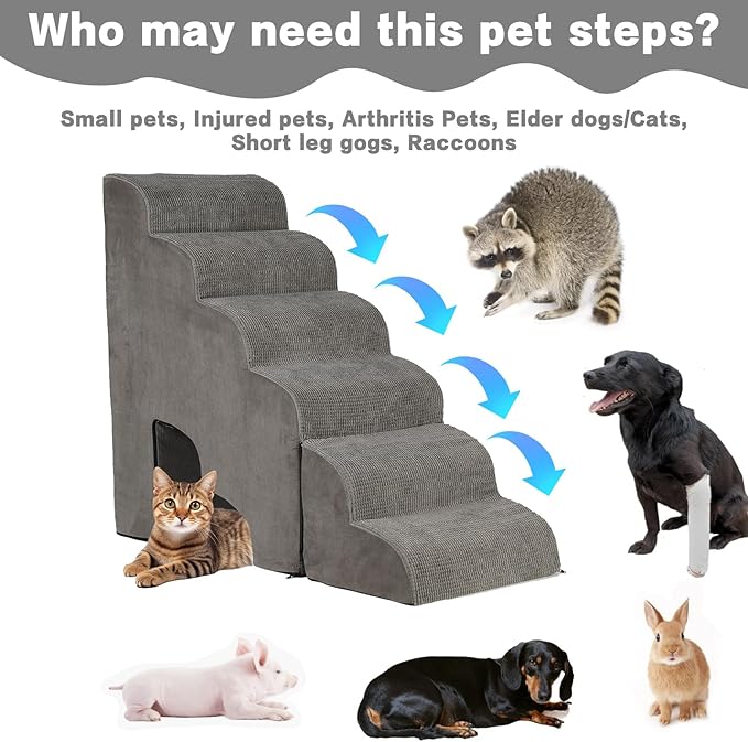 Dog Stairs for High Beds 25-30 inches Tall, 6-Step Dog Steps for High Bed for Doggies/Kitties, 30D Foam Pet Stairs Steps for Small Dogs, Dog Ramp/Ladder for Old Dogs/Cats, Grey-PawvioPets