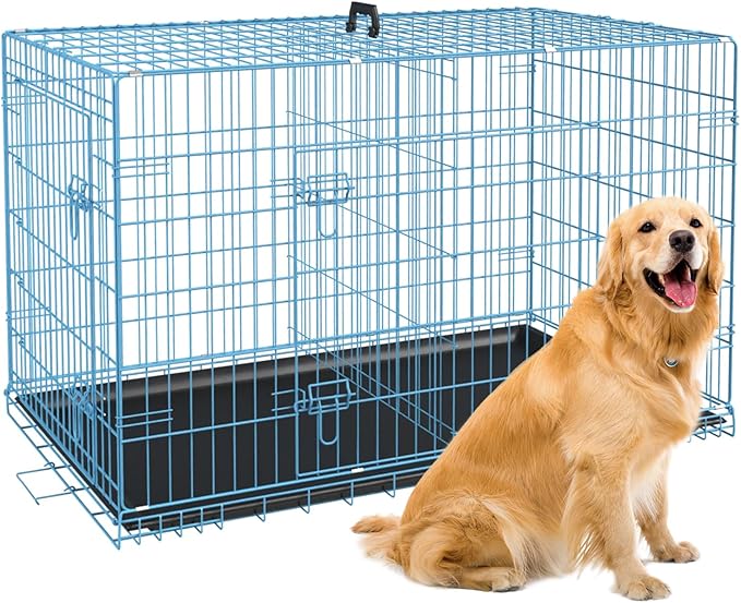 BestPet | Dog Crate | 42" | Blue | Foldable Metal Kennel with Double Doors, Secure Slide-Bolt Latches, Leakproof Tray | Portable Dog Cage for Large Breeds | for Travel, Indoor & Outdoor Use-PawvioPets