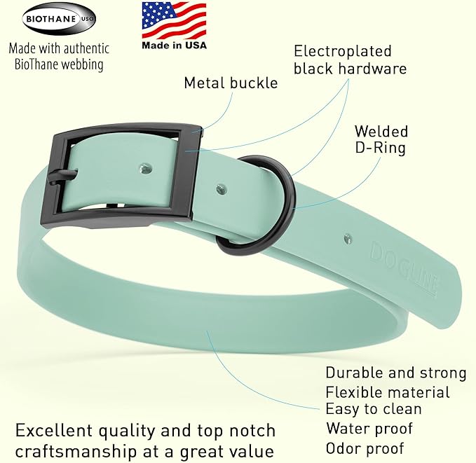 Dogline Biothane Waterproof Dog Collar Strong Coated Nylon Webbing with Black Hardware Odor- Proof for Easy Care Easy to Clean High Performance Fits Small Medium or Large Dogs, Sage Green-PawvioPets