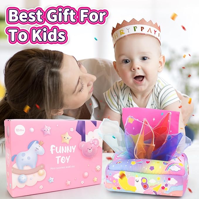 Baby Toys 6 to 12 Months - Tissue Box Toy, Tissue Learning Toys with Alphabet Number Color Sound, Baby Sensory Toy Gifts for 6 9 12 18 Months Old-PawvioPets