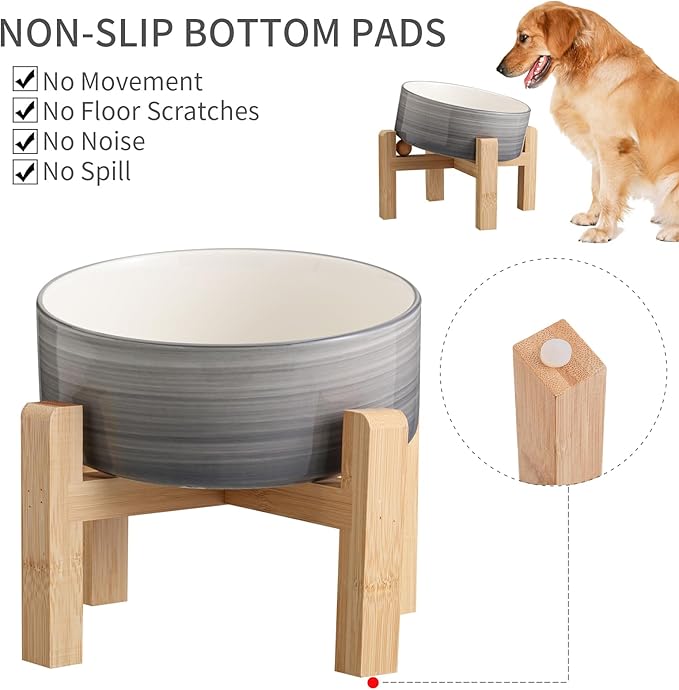 Elevated/Raised 15°Tilted Anti Slip Ceramic Dog Bowls,Slanted Bulldog Pet Food Water Feeding Dish Stand for Cats and Dogs (3.6 Cups/28 OZ) Grey White-PawvioPets