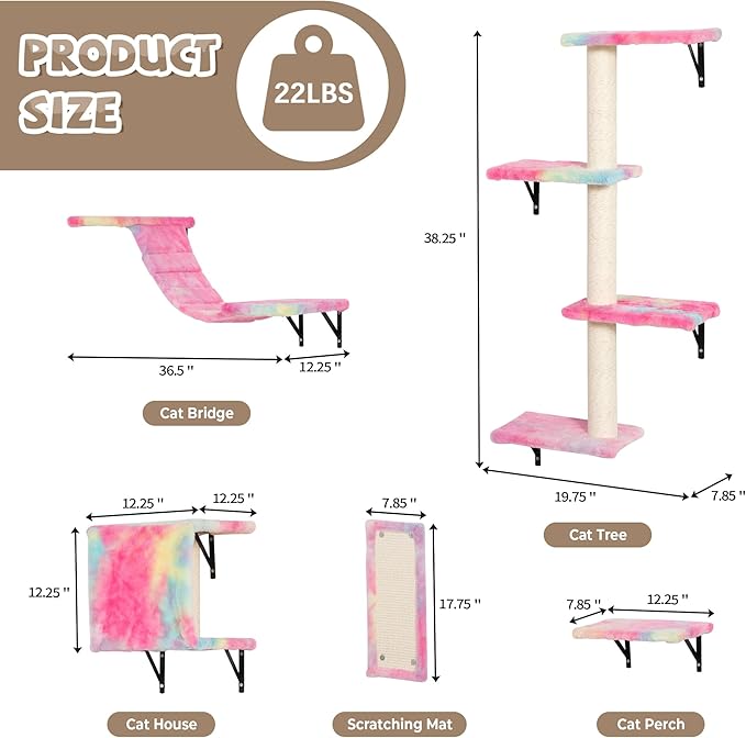 COZIWOW Wall Mounted Cat Furniture, Cat Wall Shelves and Perches, Floating Cat Shelves for Wall Set of 5 (Colorful)-PawvioPets