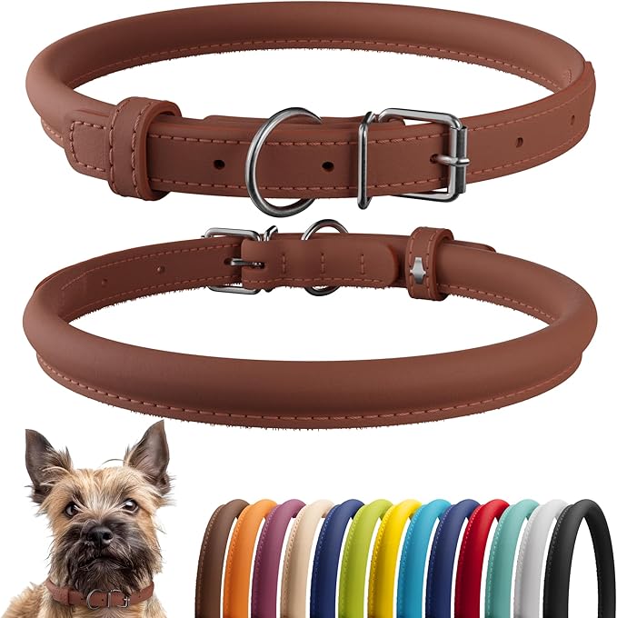 CollarDirect Rolled Leather Dog Collar, Soft Padded Round Puppy Collar, Handmade Genuine Leather Collar Dog Small Large Cat Collars 13 Colors (6-7 Inch, Cinnamon Smooth)-PawvioPets