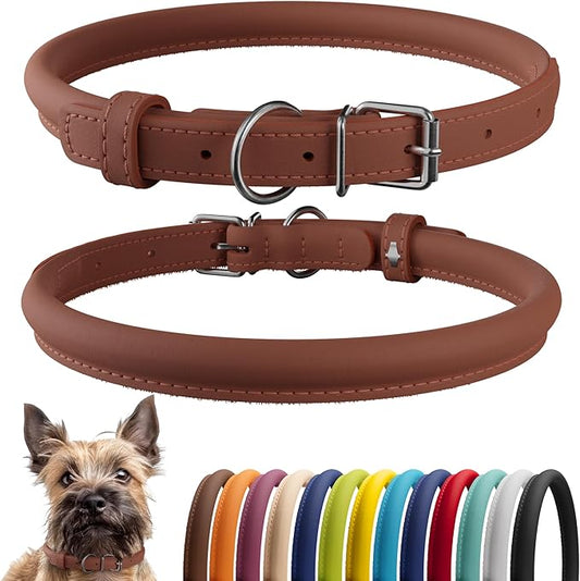 CollarDirect Rolled Leather Dog Collar, Soft Padded Round Puppy Collar, Handmade Genuine Leather Collar Dog Small Large Cat Collars 13 Colors (6 Inch, Cinnamon Smooth)-PawvioPets