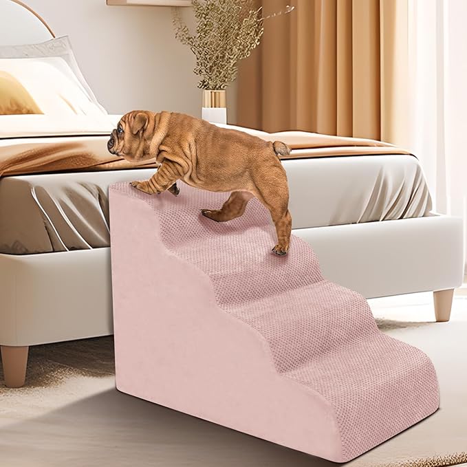 Dog Stairs for Small Dogs - High Density Foam Pet Steps, Extra Wide Dog Ramp with Non-Slip Bottom for High Beds, Couch and Sofa, Best for Dogs Injured, Older Doggy Cats,4 Stpes, Pink-PawvioPets
