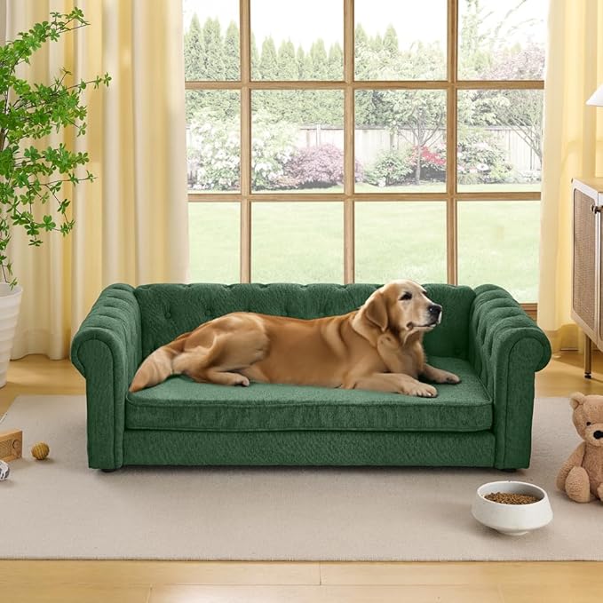 Dog Sofa Couch for Medium to Large Dogs, 55" Memory Foam Pet Sofa Couch with Washable Fabric, Durable Elevated Dog Bed with Legs, Removable Cushion for Medium and Large Dogs, Green-PawvioPets