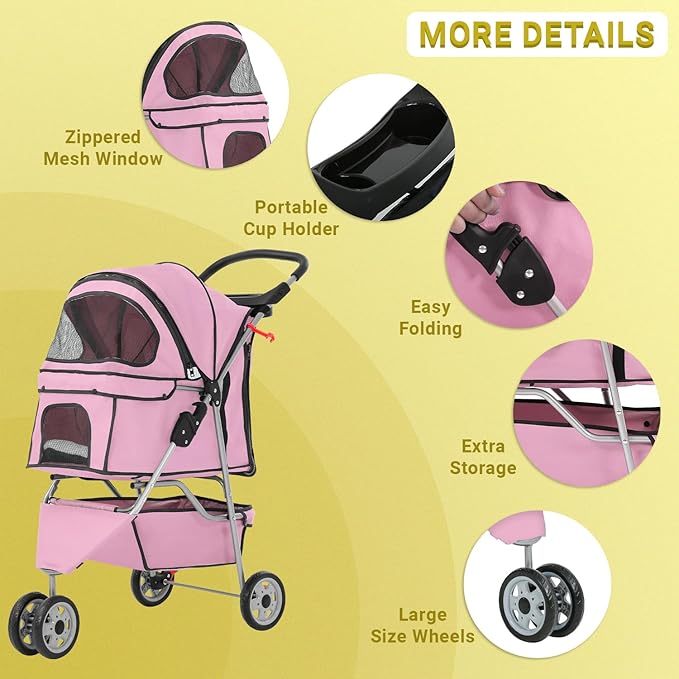 3-Wheels Pet Strolling Cart for Small Medium Dogs and Cats with Storage Basket,Holder, Foldable Pet Stroller with Waterproof Cover, Breathable Mesh for All-Season, Pink-PawvioPets