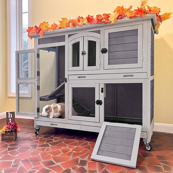 2-Tier Indoor Rabbit Hutch Bunny House Guinea Pig Cage with Sliding Plastic Trays, Wheels & Ramp, 47.2" Multi-Door Wooden Small Animal Cage for Rabbits, Bunnies, and Guinea Pigs (Grey)-PawvioPets