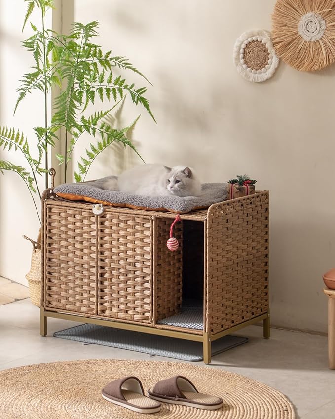 Cat Litter Box Enclosure Furniture with Divider, Handwoven Rattan Litter Box with Mat, 31.2 x 19.6 x 24.2 Inches, Metal Heightened Feet, Hidden Cat House for Living Room, Bedroom (Natural)-PawvioPets