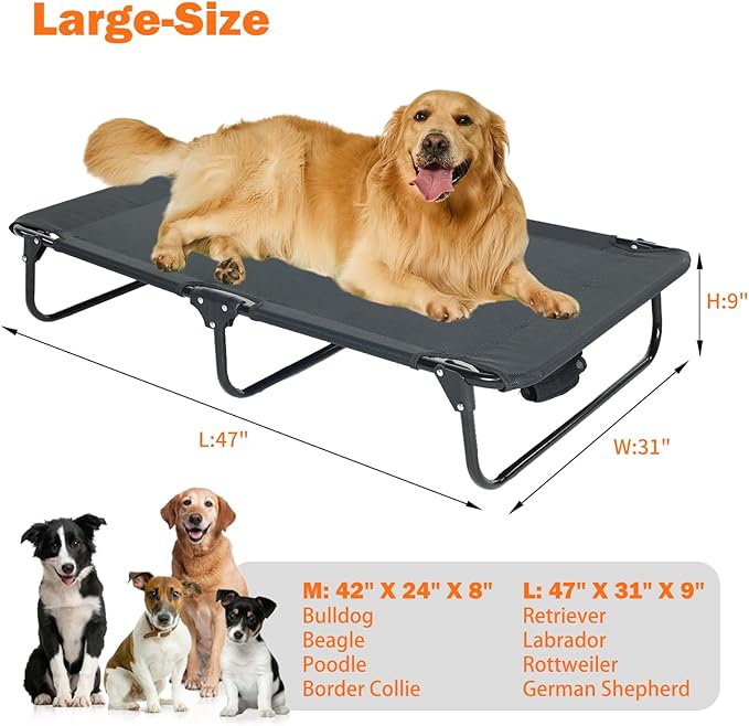 Elevated Dog Bed for Large Pet with No-Slip Feet, Foldable Portable Washable Raised Bed for Indoor&Outdoor Camping Dog Cot, with Cooling Waterproof Breathable Mesh (Large, Black-Textilene)-PawvioPets