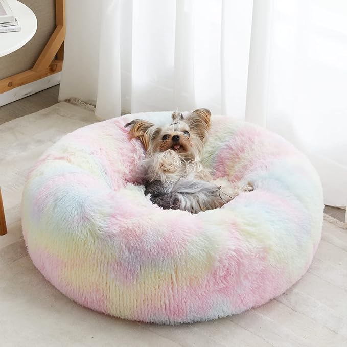 WNPETHOME Calming Dog Bed Cat Bed Donut, Faux Fur Pet Bed Self-Warming Donut Cuddler, Comfortable Round Plush Dog Beds-PawvioPets