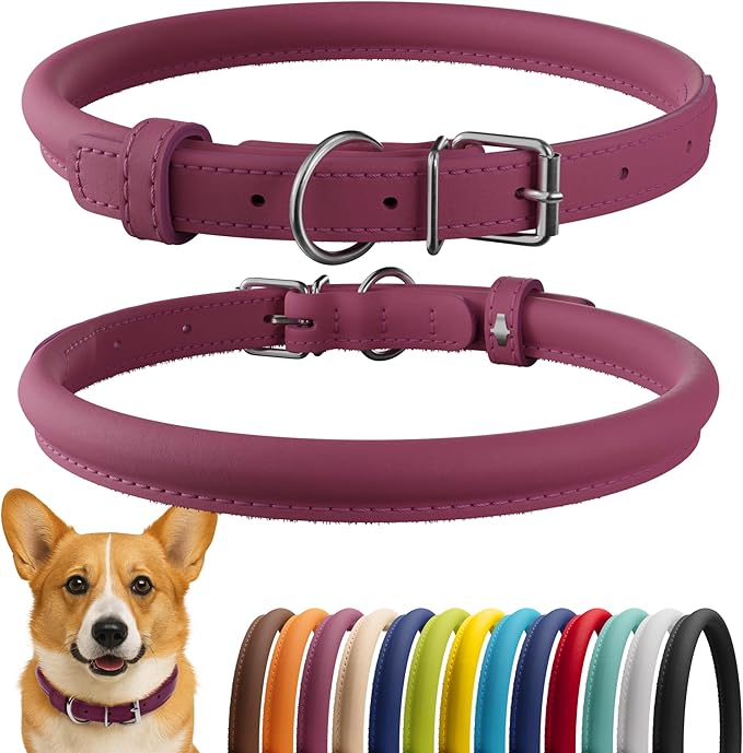 CollarDirect Rolled Leather Dog Collar, Soft Padded Round Puppy Collar, Handmade Genuine Leather Collar Dog Small Large Cat Collars 13 Colors (13-16 Inch, Pink Smooth)-PawvioPets