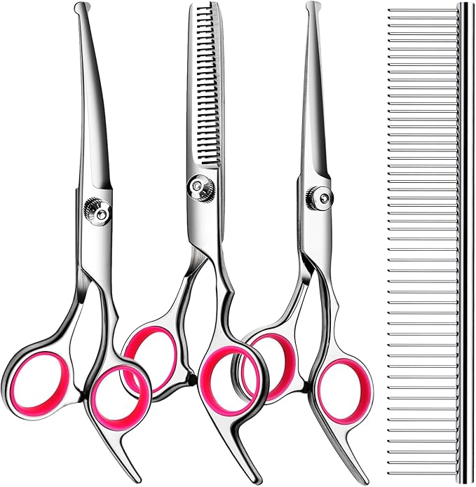 5 in1 Dog Grooming Scissors Kit, Professional Dog Scissors for Grooming with Safety Round Tips, Titanium Coated Grooming Shears for Dogs Cat Pet At Home-PawvioPets