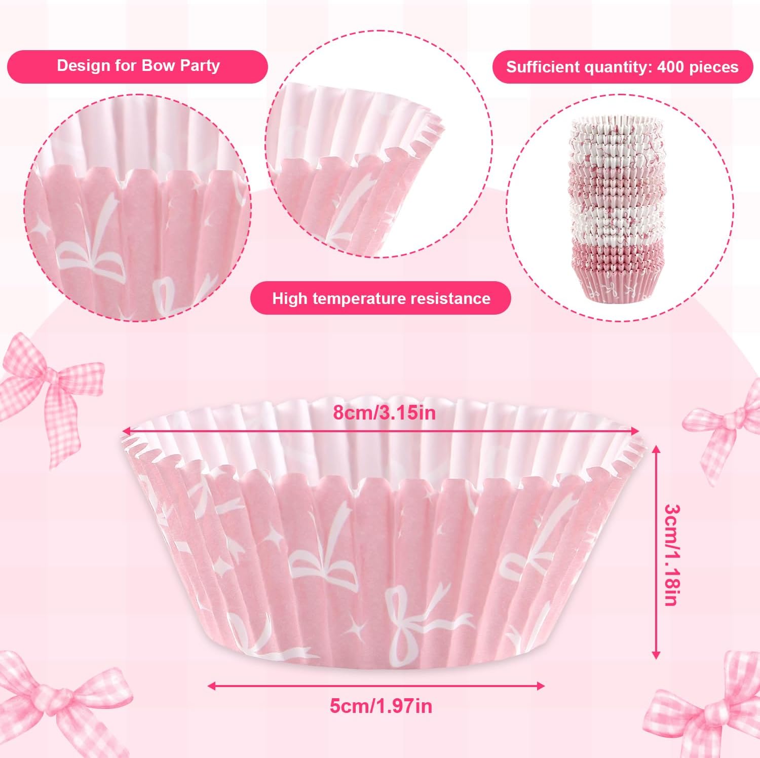 400 Pcs Pink Bow Cupcake Liners Coquette Bow Cupcake Wrappers Baking Cups Baking Standard Liners Holders for Baby Shower Wedding Bachelorette Bridal Showers Birthday Party Decoration