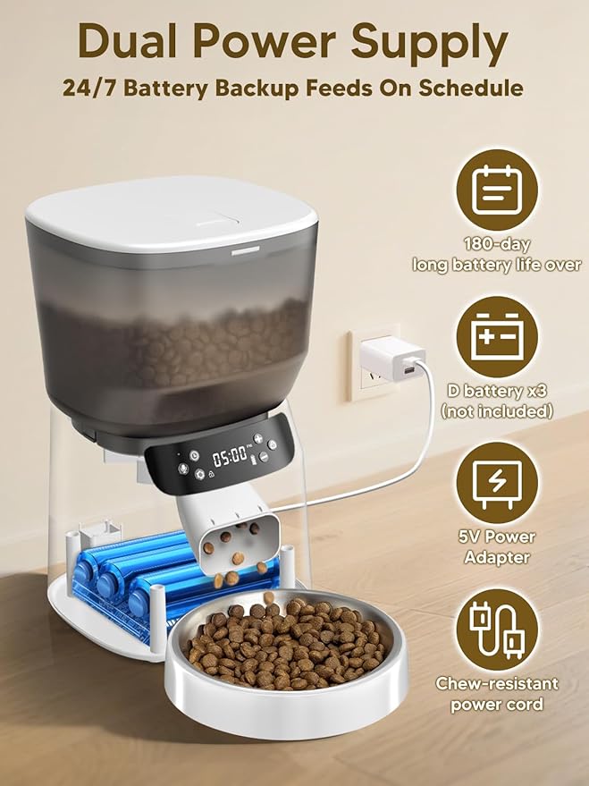 Automatic Cat Feeder and Water Fountain, 4L/16 Cups Timed Cat Dry Food Dispenser, 10s Meal Call, 20 Portions 6 Meals Per Day, 2L Cats Fountains for Drinking with Filter, Pet Feeder for Dog White-PawvioPets