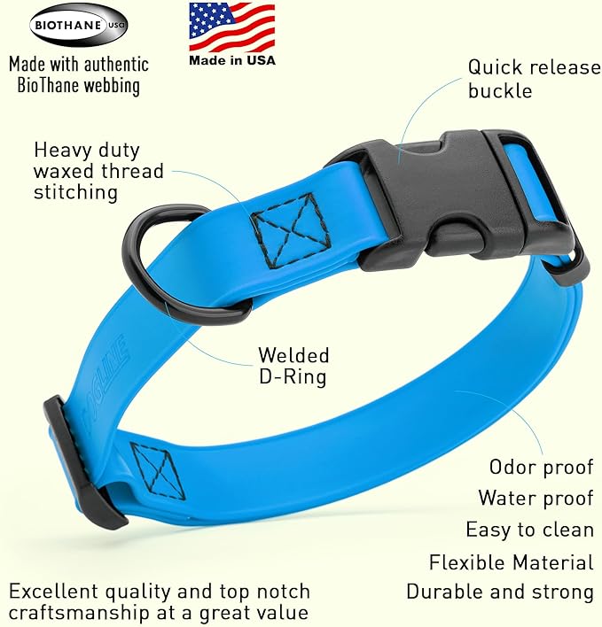 Dogline Biothane Waterproof Dog Collar with Quick Release Buckle Strong Coated Nylon Webbing with Odor- Proof for Easy Care Easy to Clean Fits Small Medium or Large Dogs, Dogline Blue 3/4" W 12-19" L-PawvioPets
