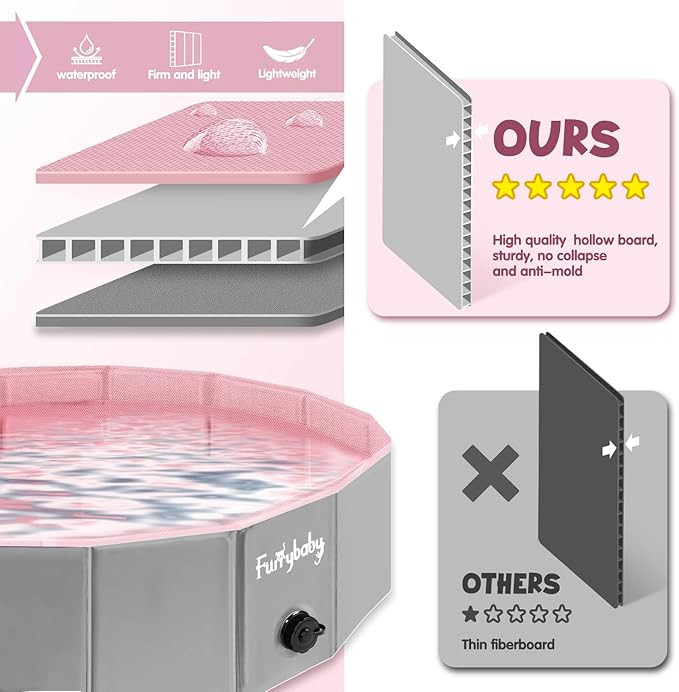 Furrybaby Dog Pool, Kiddie Pool Hard Plastic Foldable Dog Pools for Large Dogs Portable Pet Doggie Wading Swimming (Pink 47'') Indoor and Outdoor-PawvioPets