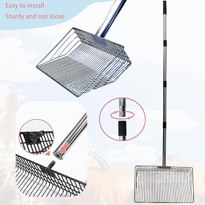 10inch Metal Chicken Poop Scooper with 54-Inch Long Handle for Coop Cleaning-PawvioPets