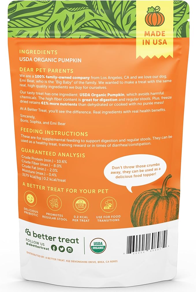 A Better Treat – Freeze Dried Organic Pumpkin Dog and Cat Treats, Organic, Single Ingredient | Natural, Healthy, Diabetic Friendly | Made in The USA-PawvioPets