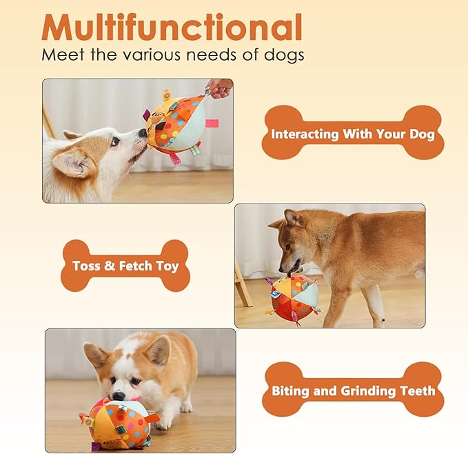 Dog Squeaky Plush Toy with Straps, 6-Inch Soft Stuffed Ball with Cotton Material and Bell Built-in, Pet Interactive Fetch Toy for Small to Large Dog-PawvioPets