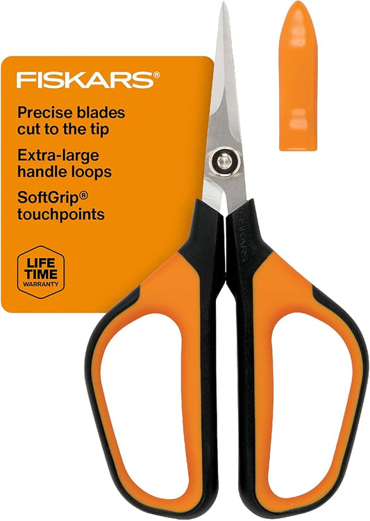 Fiskars Comfort Loop Micro-Tip Pruning Snips - 7" Garden Shears with Sheath and Extra Large SoftGrip Handle - Yard and Garden Tools - Orange/Black-PawvioPets