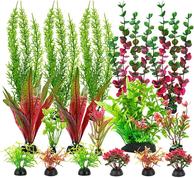 18-Piece Artificial Aquarium Plants Decorations – Large Set with Red & Green Foliage, Fish Tank Decor for Betta, Goldfish, Freshwater & Saltwater Tanks, Weighted Bases-PawvioPets